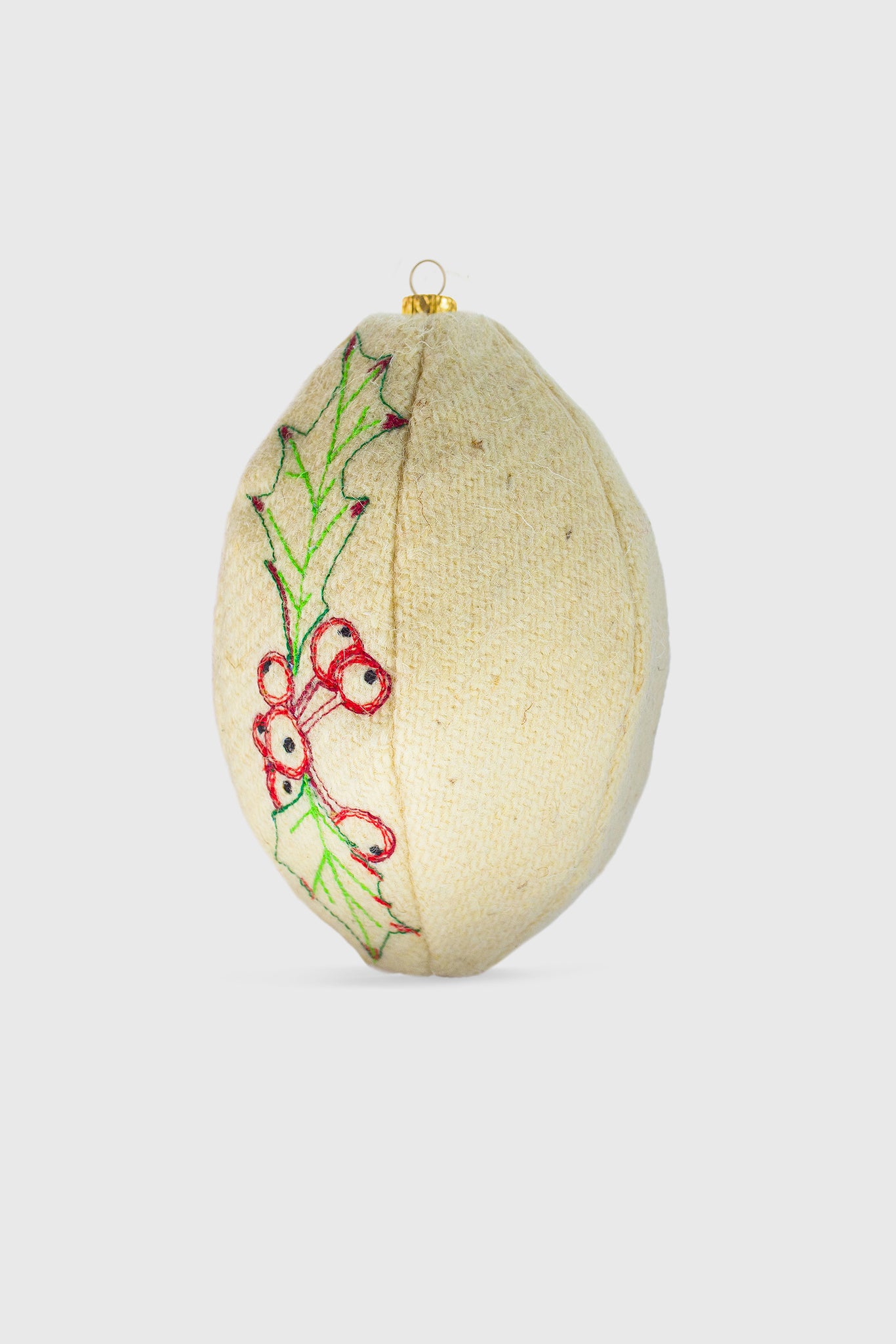 Ruxandra Christmas decorations, globe embroidered with Christmas holly, picture perfect, friendly, modern traditional ornament, soft wool, white, holiday's object, hand on tree