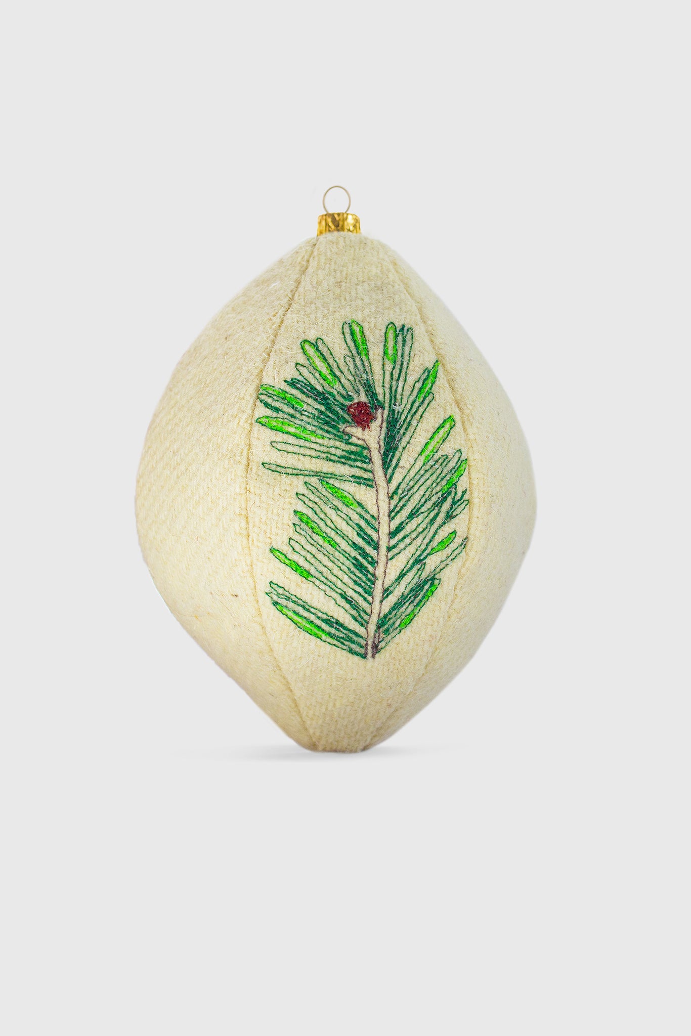 Ruxandra egg shaped tree decoration, oval, interesting shape, embroidered by hand, sustainable, pet and kids friendly, unbreakable, from soft textile, white with green fir needles