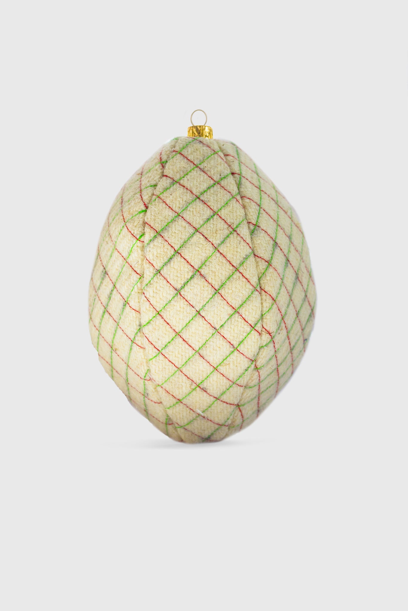 Ruxandra oval Christmas tree ornament, embroidered with lines, grid style, green and red on white wool, charming, classic Christmas shape, coca cola commercial ornaments