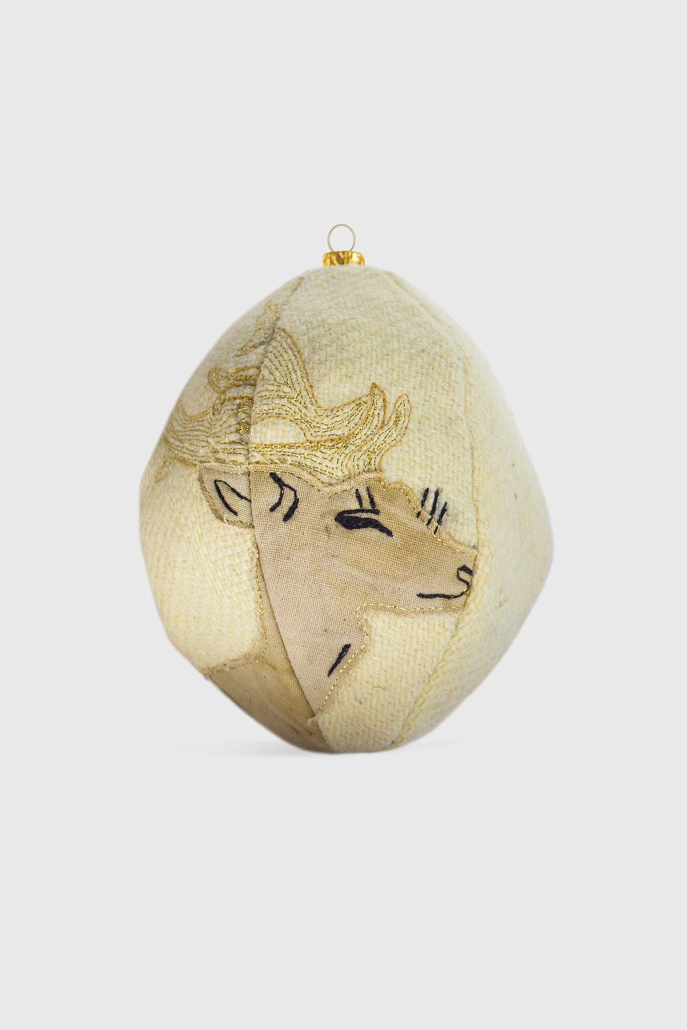 Ruxandra, feminine globe ornament, delicate embroidery, beautiful deer, gold thread on white wool, creative Xmas decorations, family Christmas gifts, pet friendly 