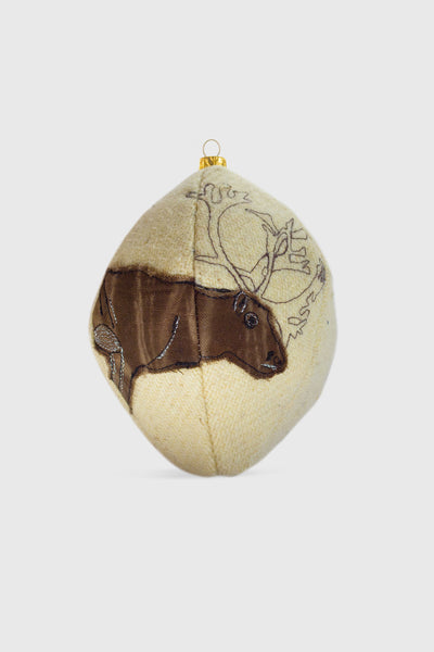 Ruxandra, organic shaped bauble, embroidered beautifully by hand, vintage ornament style, reindeer figure, textile art, Christmas feelings, storytelling ornament