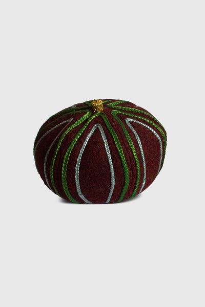 Ruxandra holiday's spirit, Christmas textile bauble, artisanal Xmas globe , hand made decoration, braided details on virgin wool, 100% sustainable tree decorations, deep red, green and aquamarine colors, luster, festive spirit