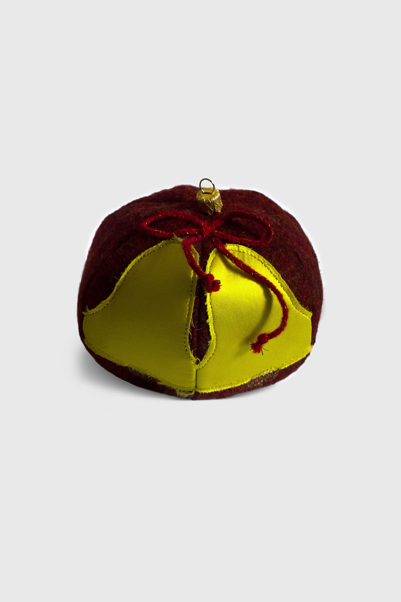 Ruxandra, Christmas globe decoration, textile decoration, made by hand, crafted in wool and silk, Xmas giant globe, all natural, sustainable, pet friendly, deep burgundy red and lemon yellow, Ruxandra
