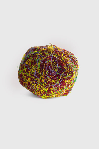 Ruxandra, playful brand, home décor for Christmas holidays, tree ornament, big round textile globe, covered in threads, multicolored, rainbow colors, gay friendly, pet friendly, modern holiday spirit