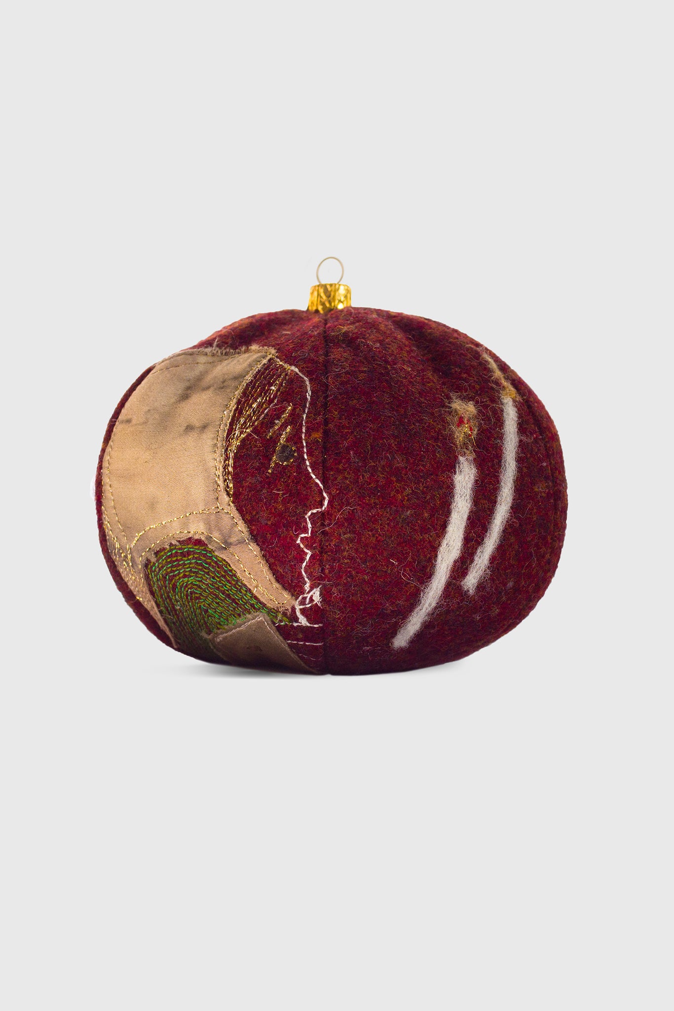 Ruxandra, charming tree ornament, felted portrait on a globe, the girl with the matches story, storytelling decoration, multicolored, red and earth tone colors
