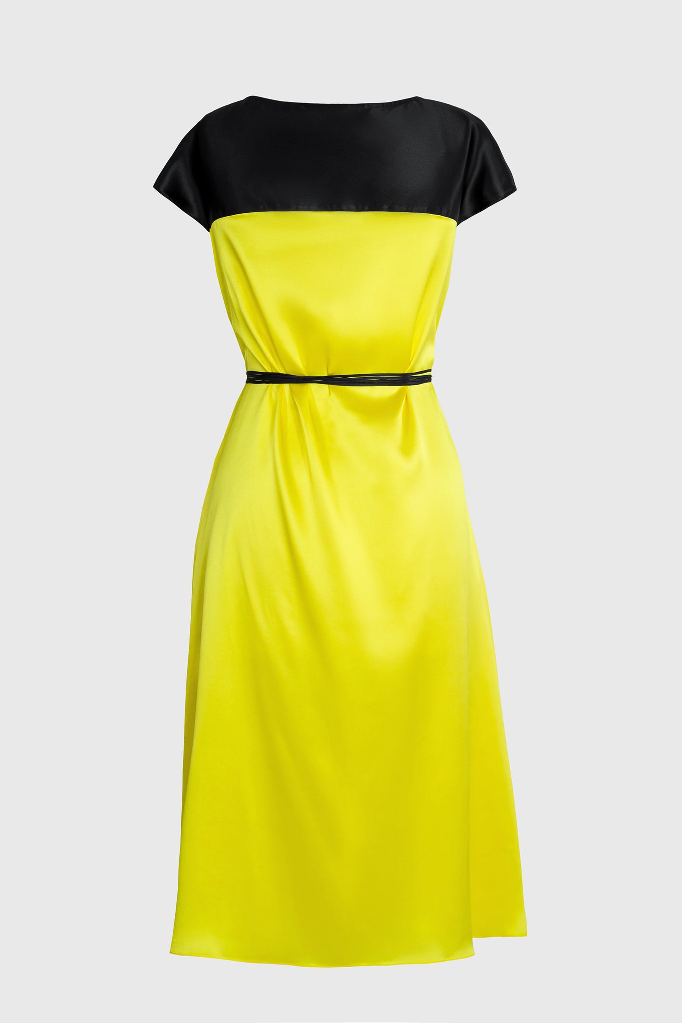 Ruxandra mid-length a-line dress, eye catching volume, bias cut casual or party dress, simple cut, French seams, 100% Italian Silk dress, lemon yellow colors, black details, relaxed summer style, beach wear,