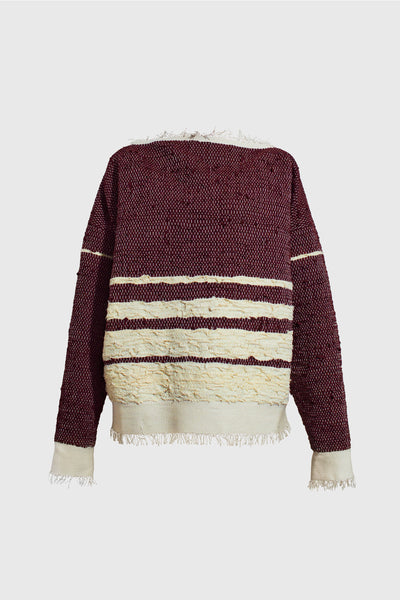 Women's woven sweater, knitted, woven from vintage virgin wool, stripes on the front, graphic and super detailed, entirely made by hand by artisans, artistic sweater, red virgin wool and off white color horizontal stripes, loose threads neckline and sleeves, style with red items, or denim