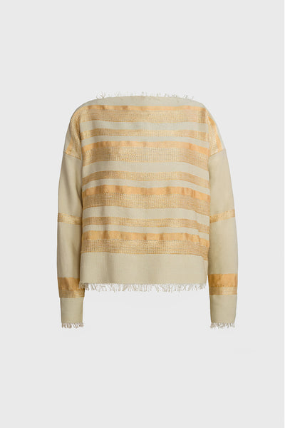luxurious woven sweater, knitwear details, shiny, lustrous, relaxed fit, fitting different sizes and shapes, spring sweater, wear with jeans or office style, impressive outfit, horizontal pattern, gold colors, light oranges and butter colors, Ruxandra