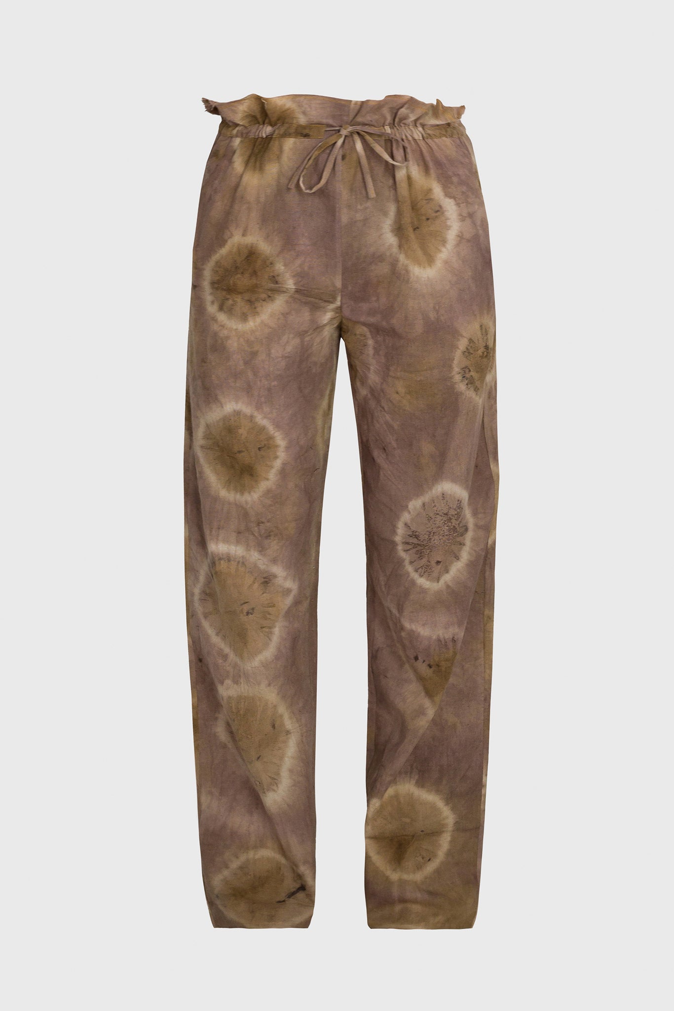 Ruxandra designed, women's shibori pants, naturally dyed with walnut, tied around the cloth, earth tones colors, easy going fit, string fastening, no zipper, all natural, sustainable fashion style